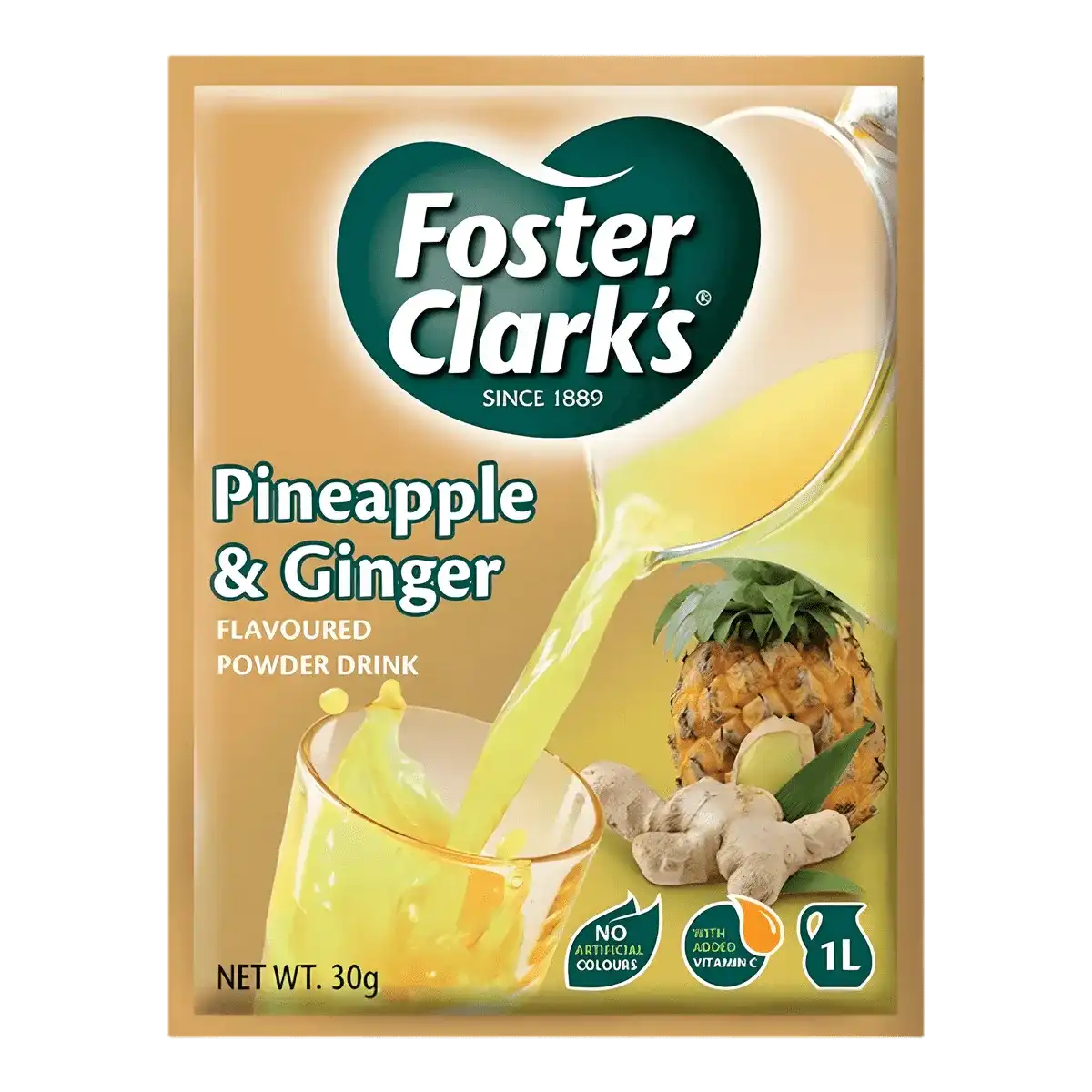 Jus poudre ananas gingembre FOSTER CLARKS, boisson en sachet de 30g avec visuel de fruits frais. Mélange rafraîchissant à préparer à domicile.